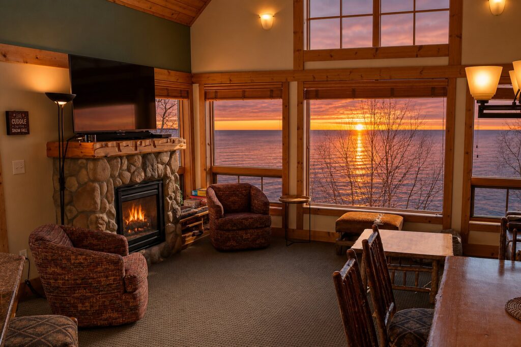 Cottage living room with stone fireplace and floor-to-ceiling windows at sunrise over Lake Superior, Cove Point Lodge, Beaver Bay MN