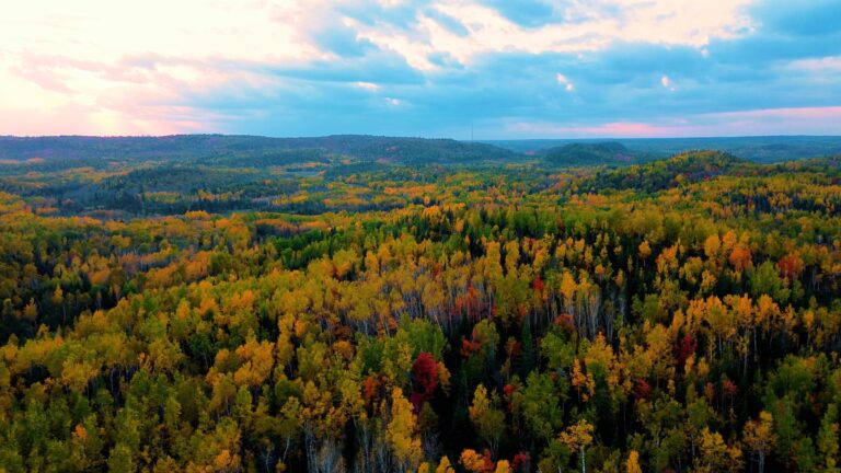 Aerial view of rolling autumn forest ridges and hills at sunset above Minnesota's North Shore