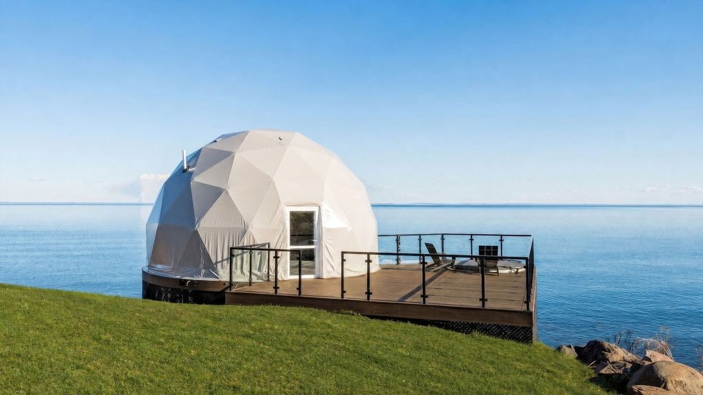 Geodesic luxury dome with private deck on the Lake Superior shoreline at The Harbors in Two Harbors, Minnesota